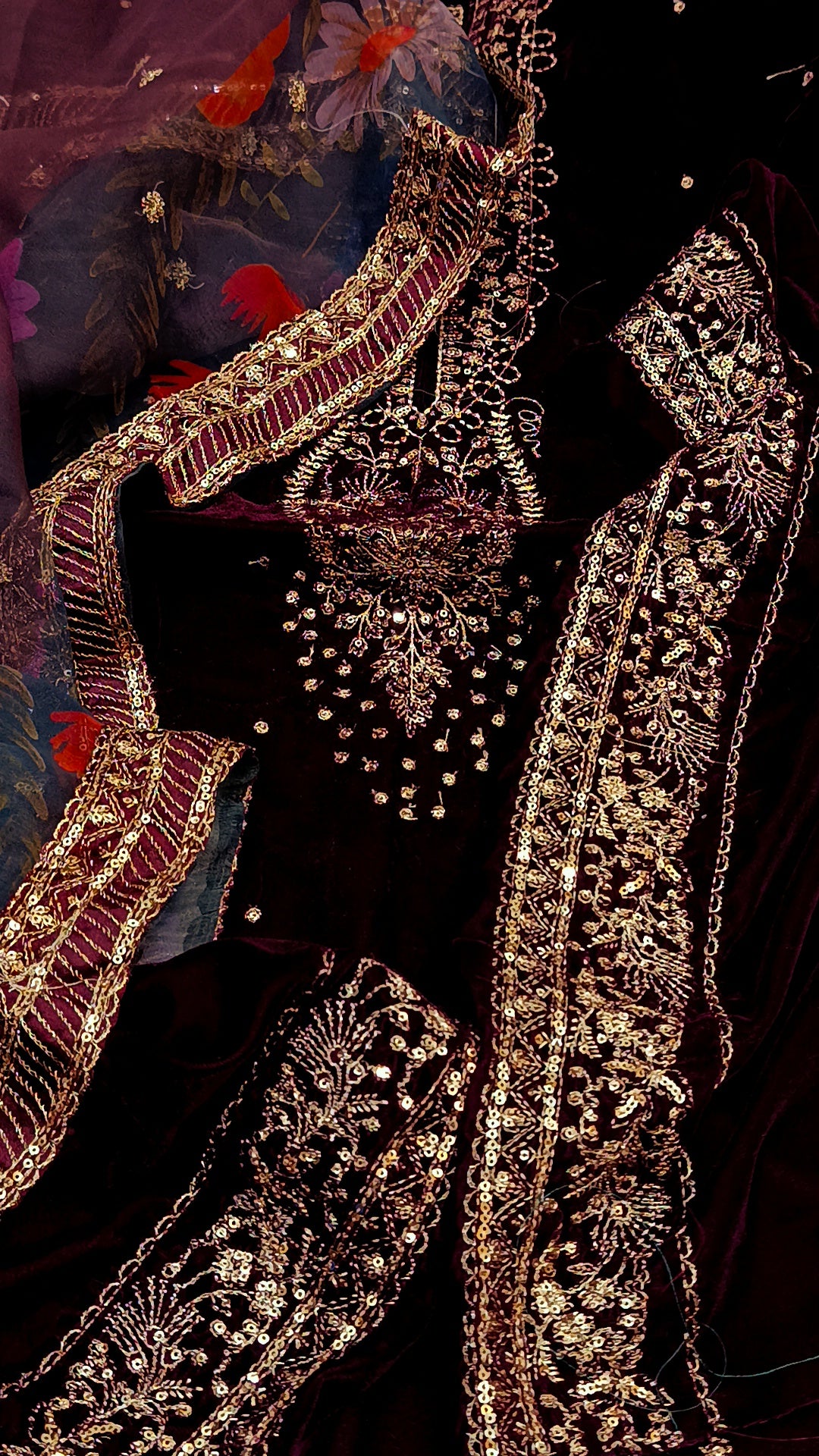 3pc jazmin maroon valvet embroidery trouser