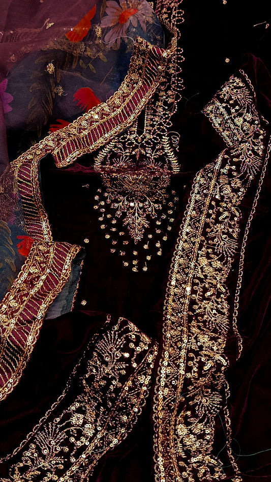 3pc jazmin maroon valvet embroidery trouser