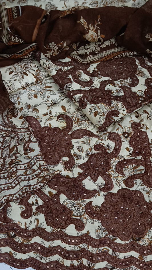 3pc lawn brown applique