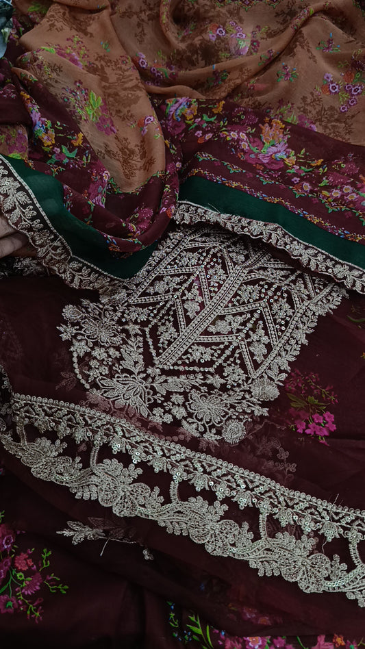3pc baroque contrast lawn maroon
