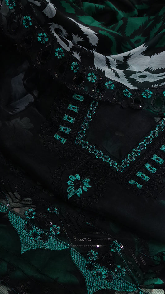 3pc roshan green black lawn