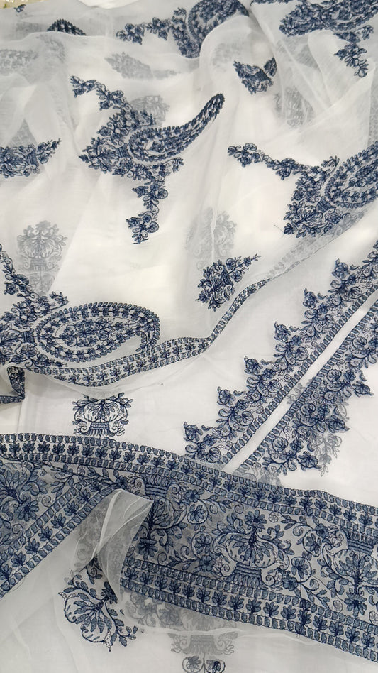 3pc paan jaal chiffon dupatta white blue lawn