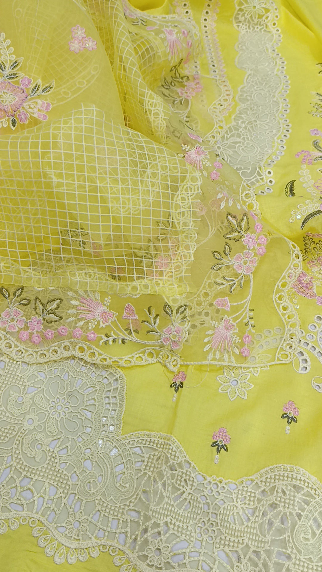 3pc check dupatta kahf lawn yellow