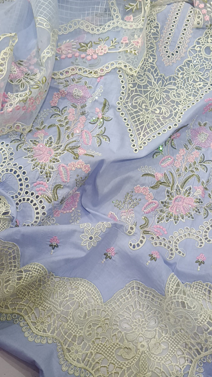 3pc check dupatta ice blue lawn