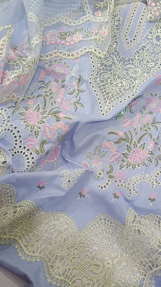 3pc check dupatta ice blue lawn