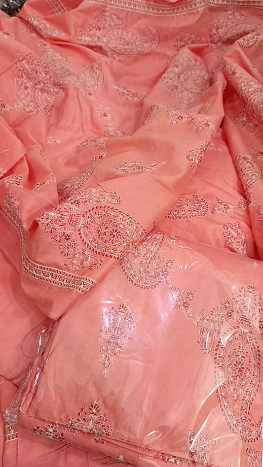 3pc paan jaal peach lawn
