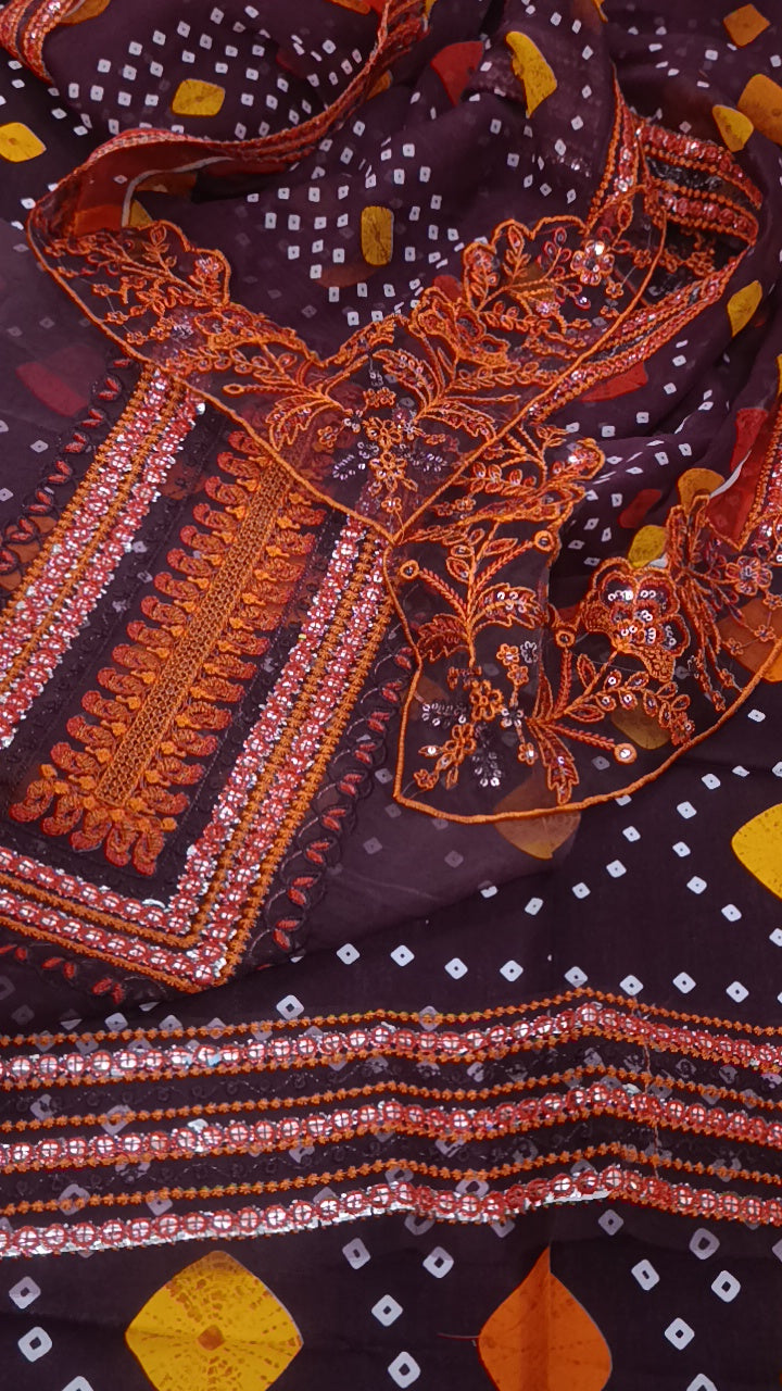 3pc chunri maroon lawn