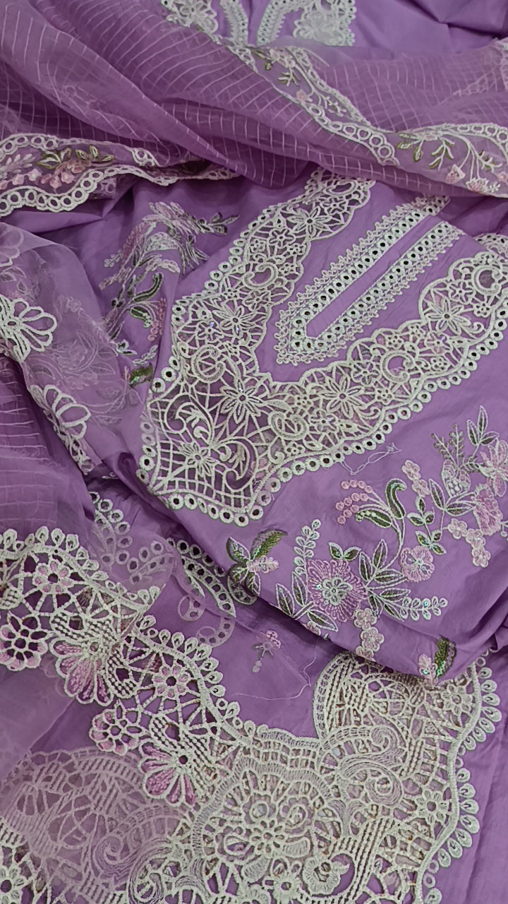 3pc lilac check dupatta lawn