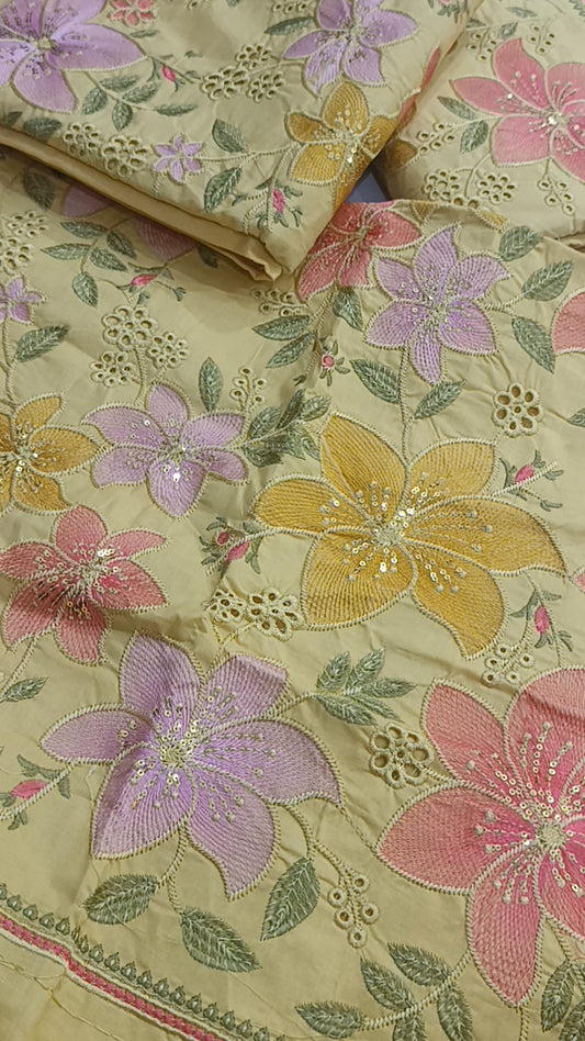 3pc shadow yellow heavy Embroidery lawn
