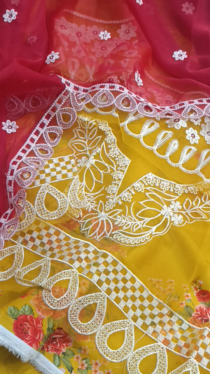 3pc iznik Red dupatta lawn