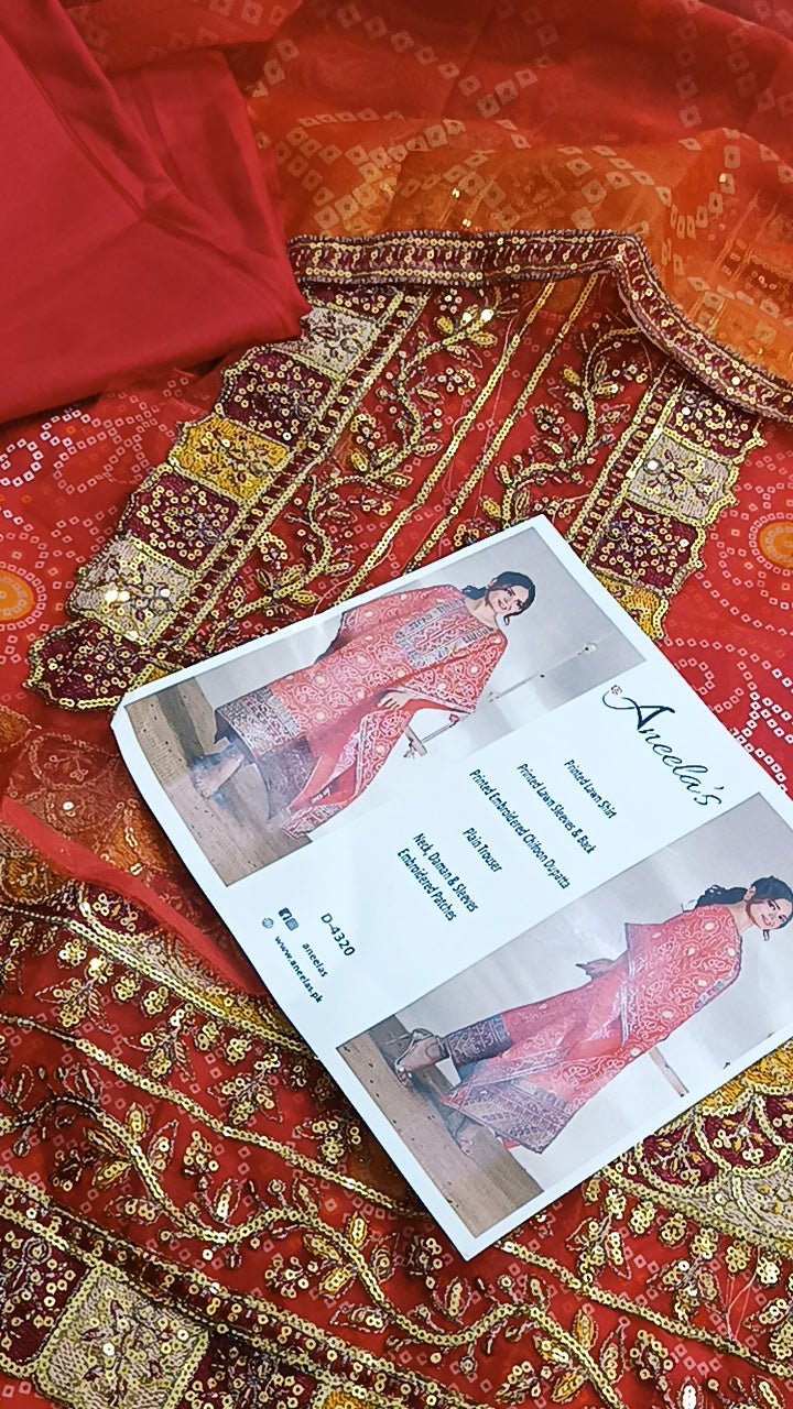 3pc red Chunri Aneelas lawn