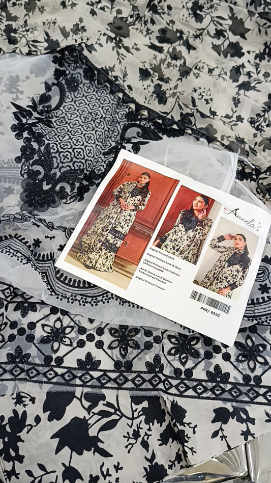 3pc Nazish black white lawn