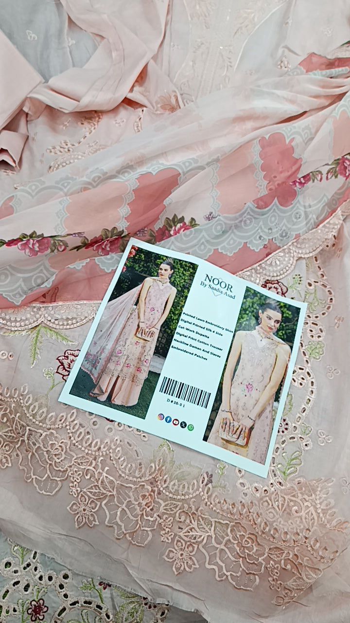 3pc Noor by sadia pink lawn.