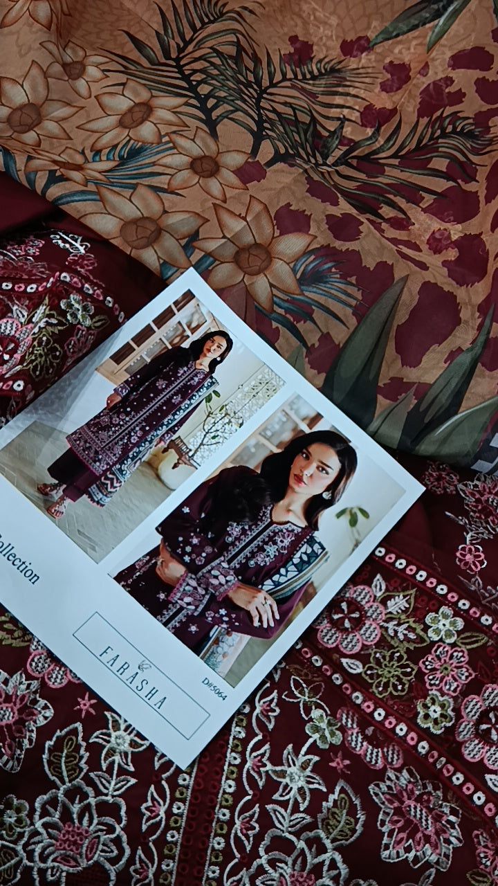 3pc Intezar maroon lawn