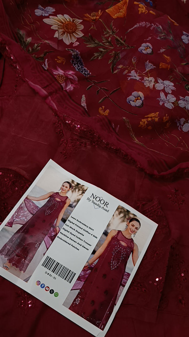 3pc Noor by sadia maroon lawn