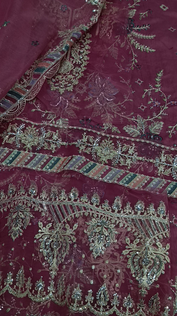 3pc Qais dark tea pink lawn