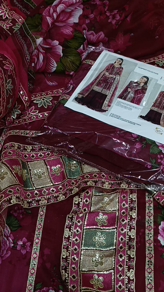 3pc farasha frock maroon lawn