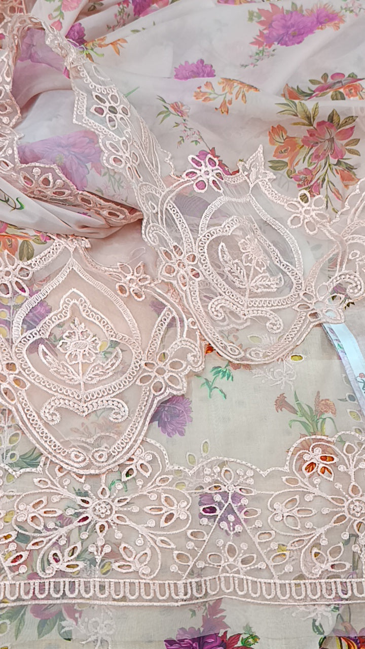3pc aneelas peach Kamal lawn