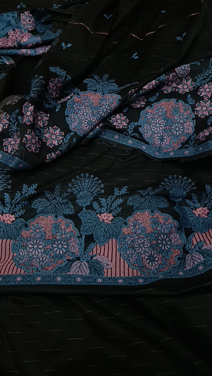 3pc Black jacquard blue broshia lawn