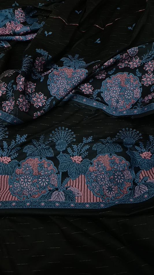 3pc Black jacquard blue broshia lawn