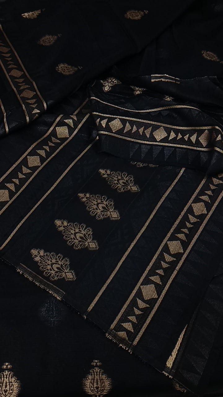 3pc black jacquard lawn