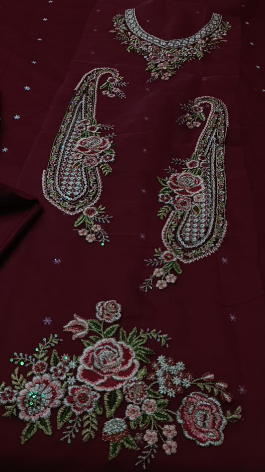 2pc maroon ethnic patch lawn