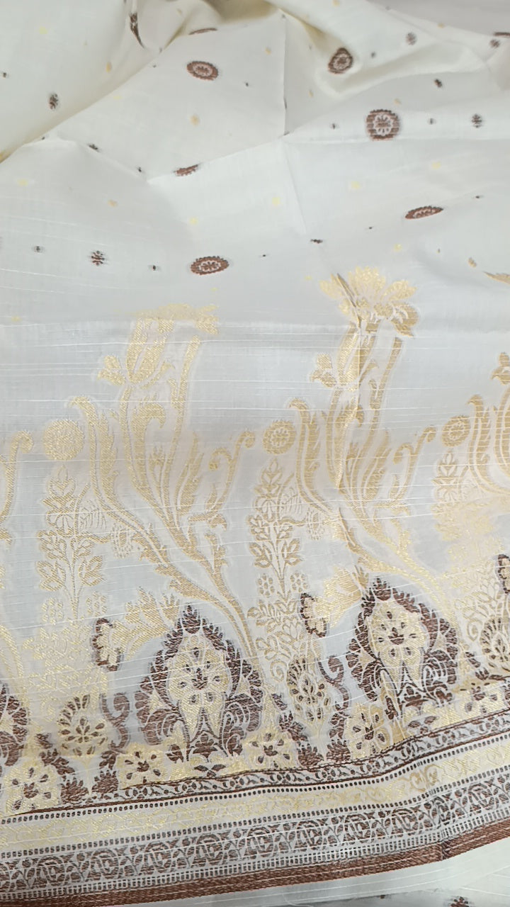 3pc jacquard off brown phool lawn
