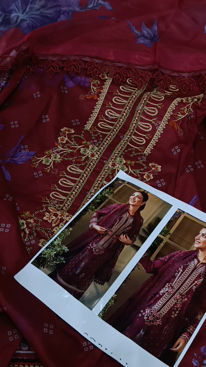 3pc kinza hashmi maroon lawn
