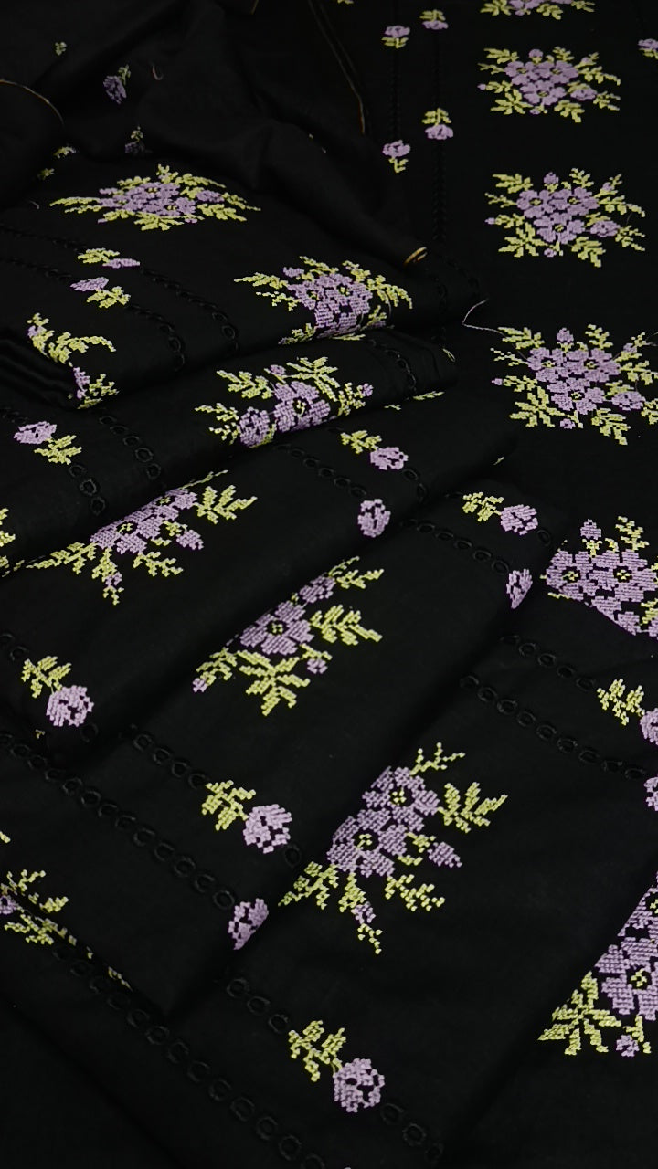 2pc line chicken kari black with lilac flowers lawn