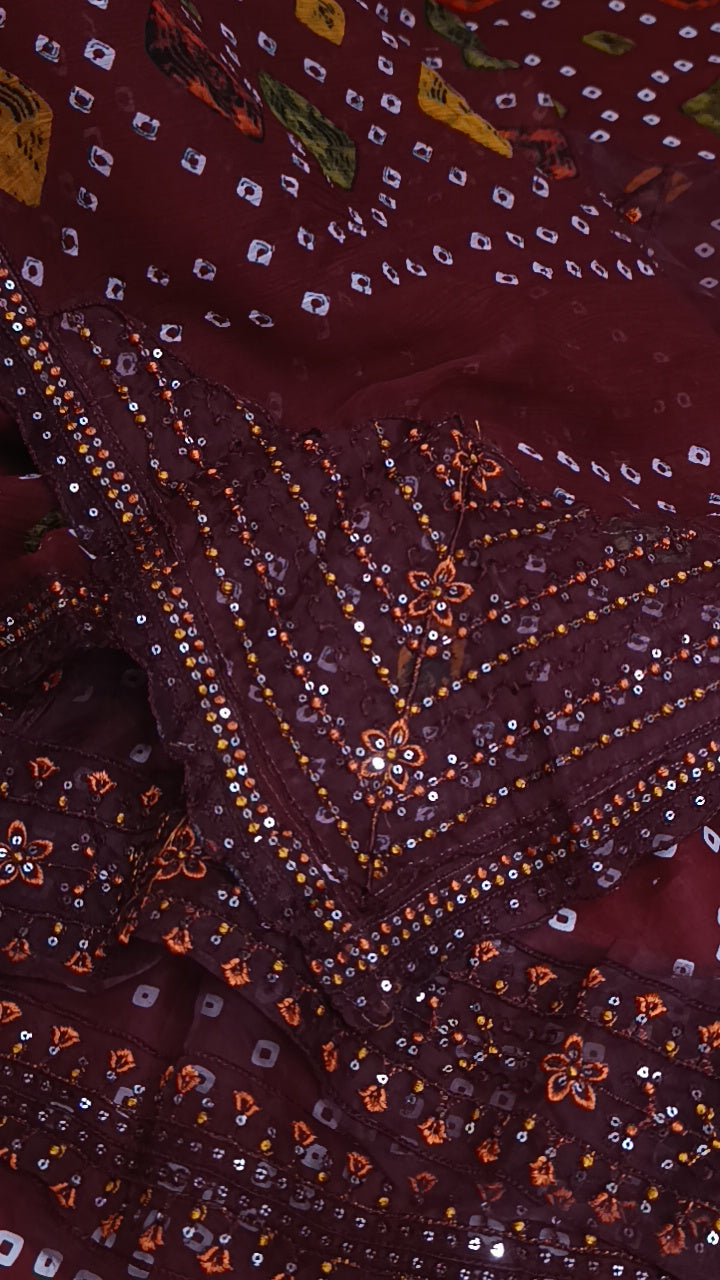 3pc chunri maroon lawn