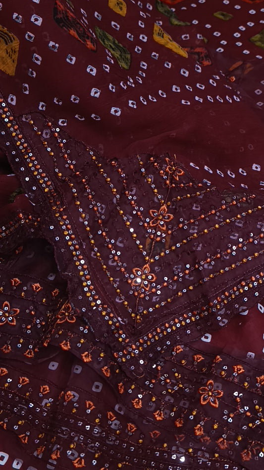 3pc chunri maroon lawn