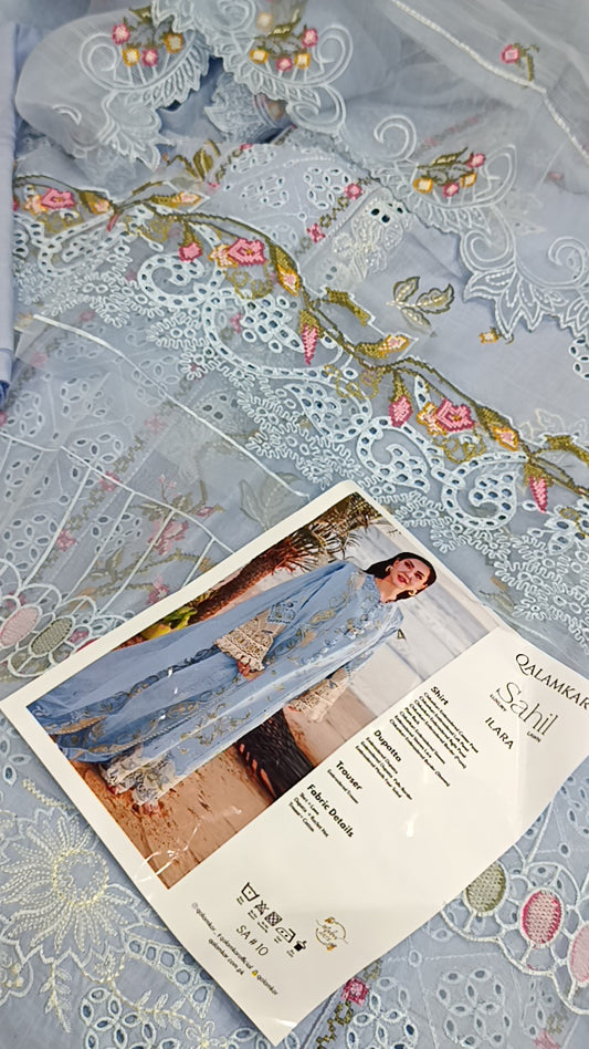 3pc Qalamkar sky blue lawn