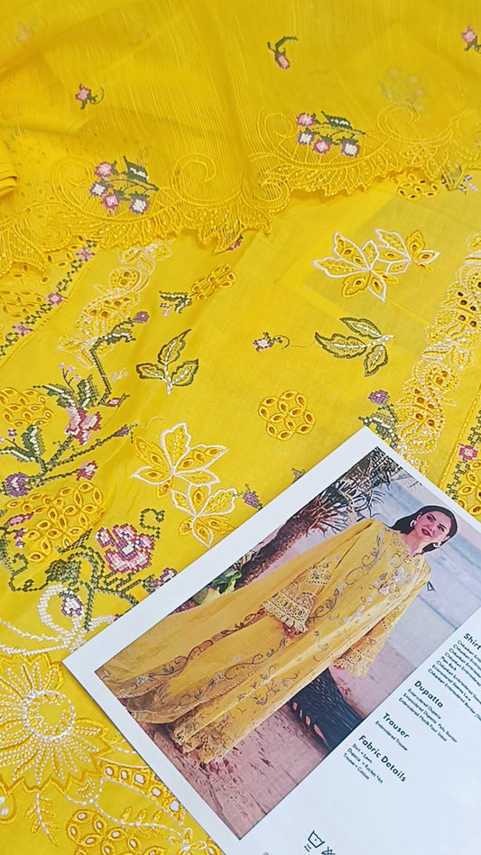 3pc Qalamkar hania yellow lawn