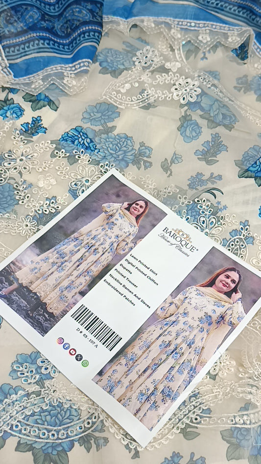 3pc blue flower frock lawn