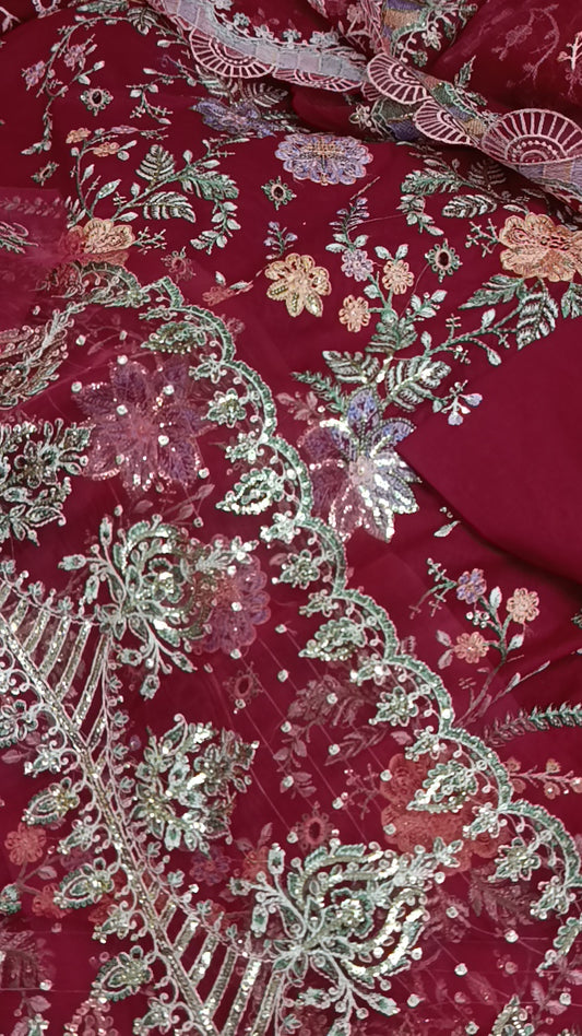 3pc Qais maroon lawn