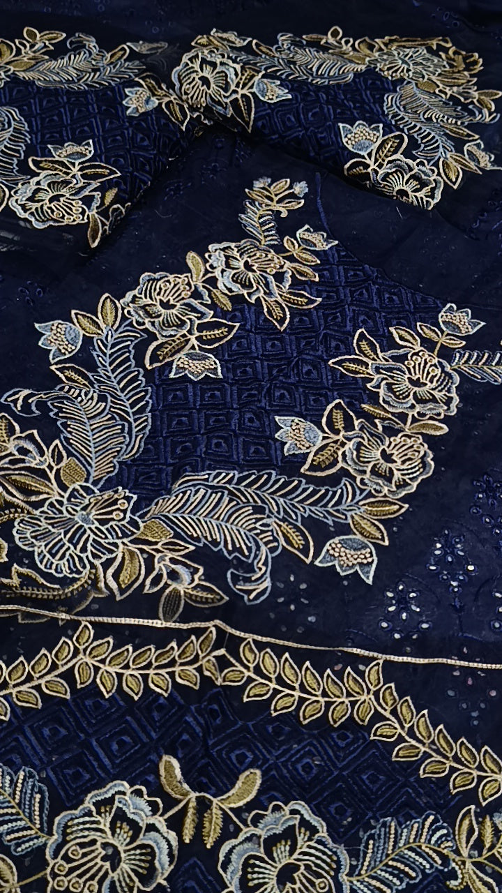 3pc navy blue Kathak lawn