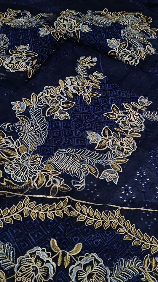 3pc navy blue Kathak lawn