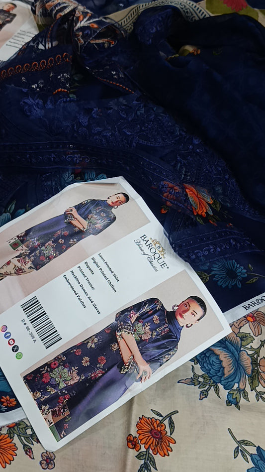3pc baroque  Blue contrast trouser lawn