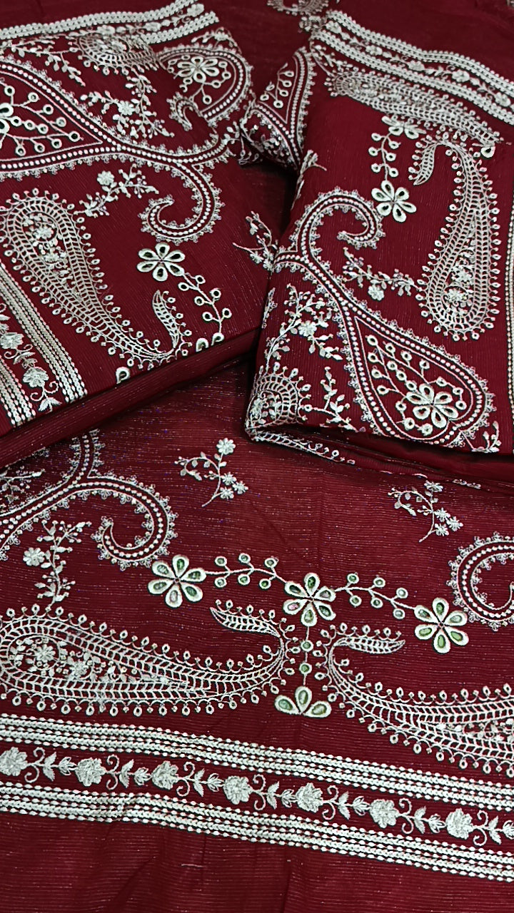 3pc maroon chamki lawn