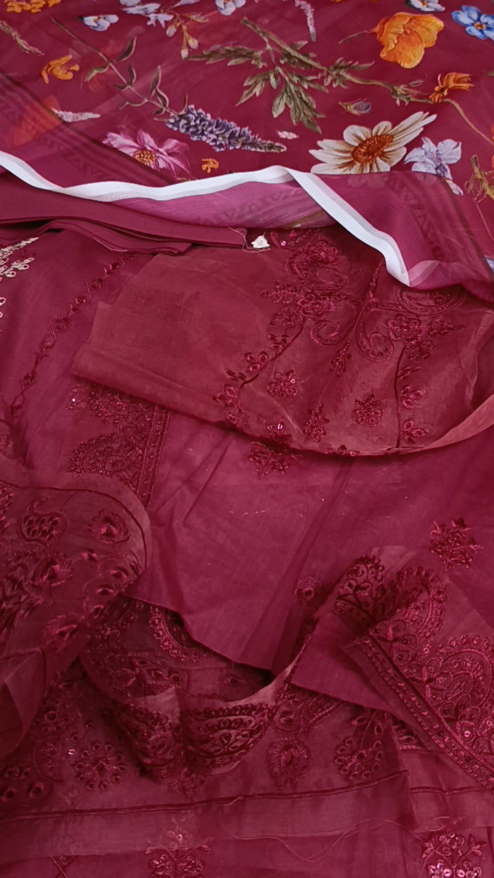 3pc nawarat maroon  lawn