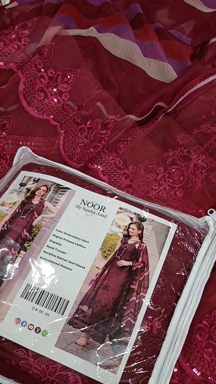 3pc Noor by sadia Western maroon lawn