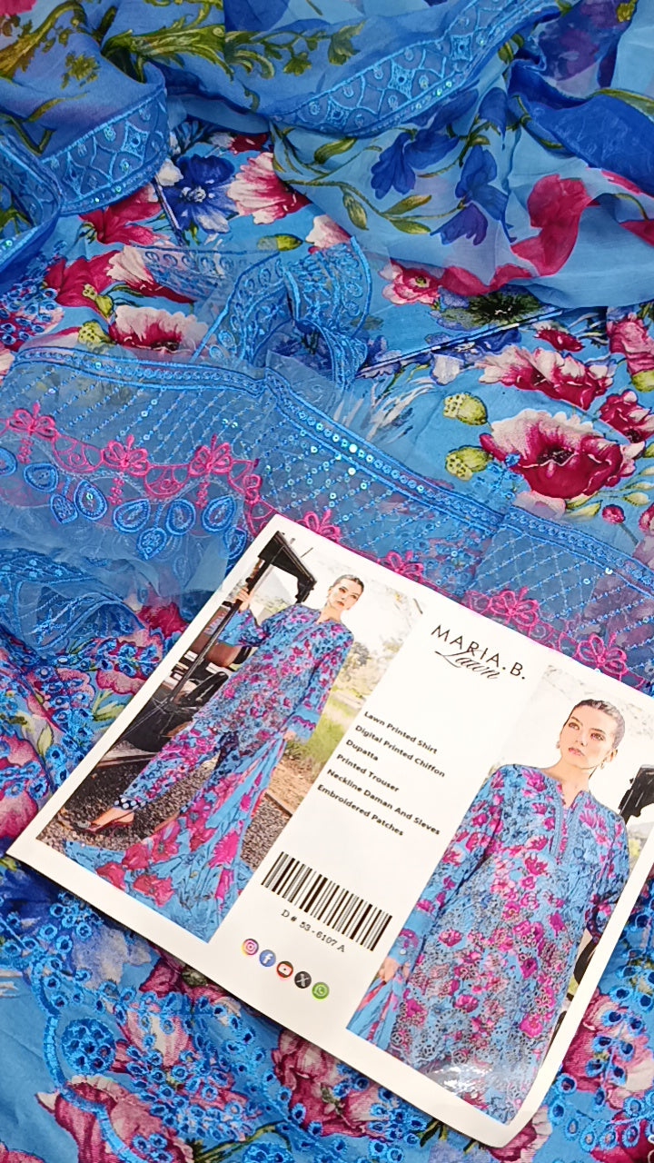 3pc shams blue embroidery dhaga lawn