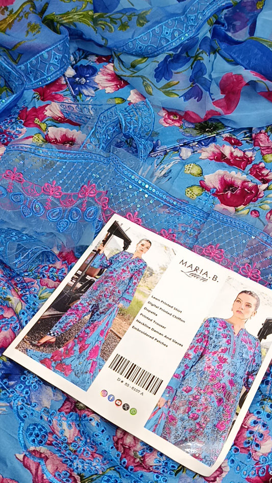 3pc shams blue embroidery dhaga lawn