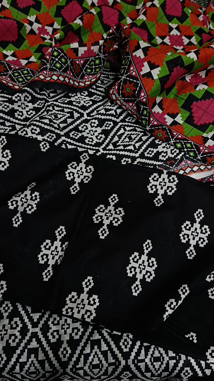 3pc bin saeed black white multi lawn