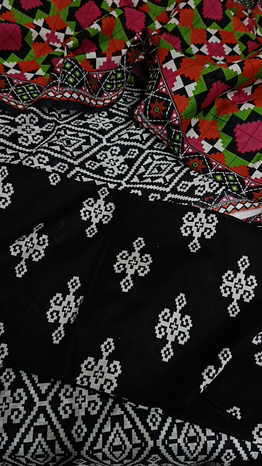 3pc bin saeed black white multi lawn