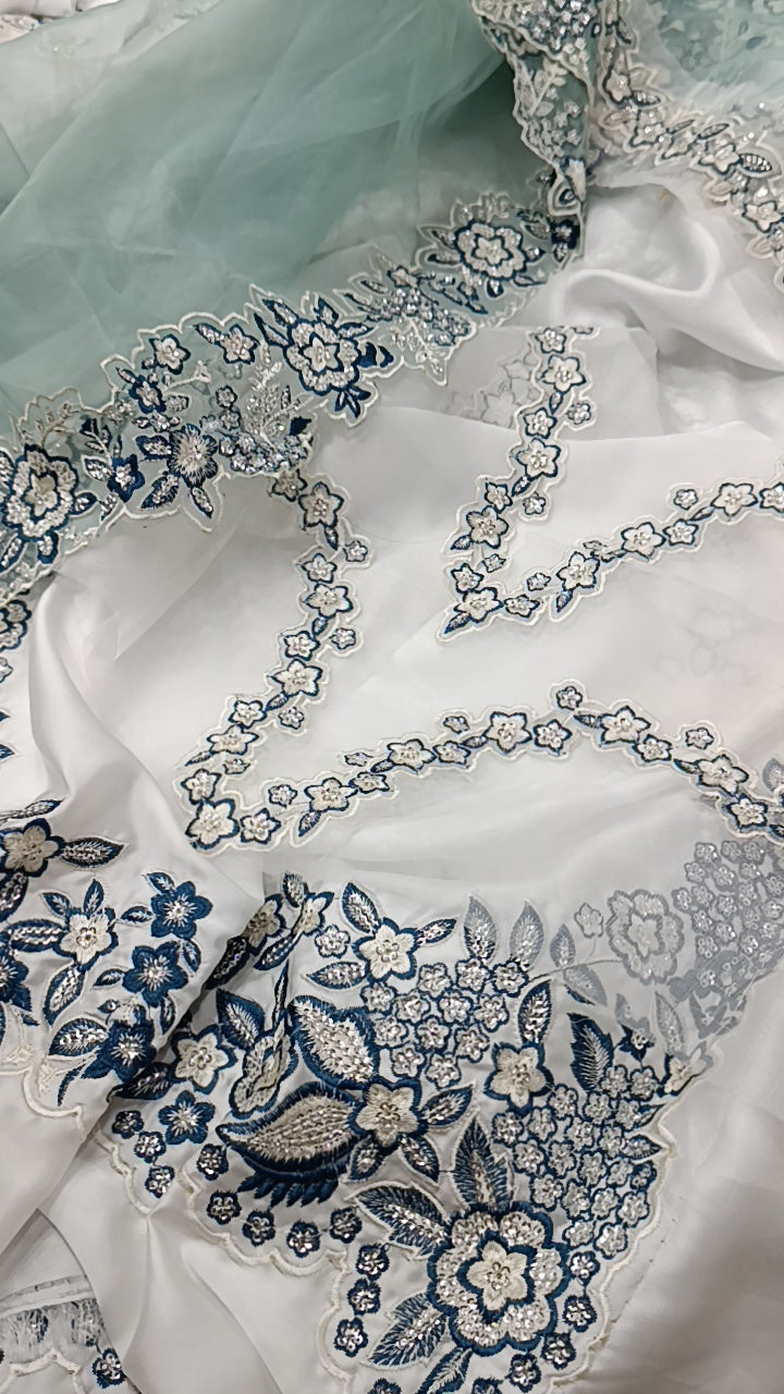 3pc Hussain rehar white blue silk