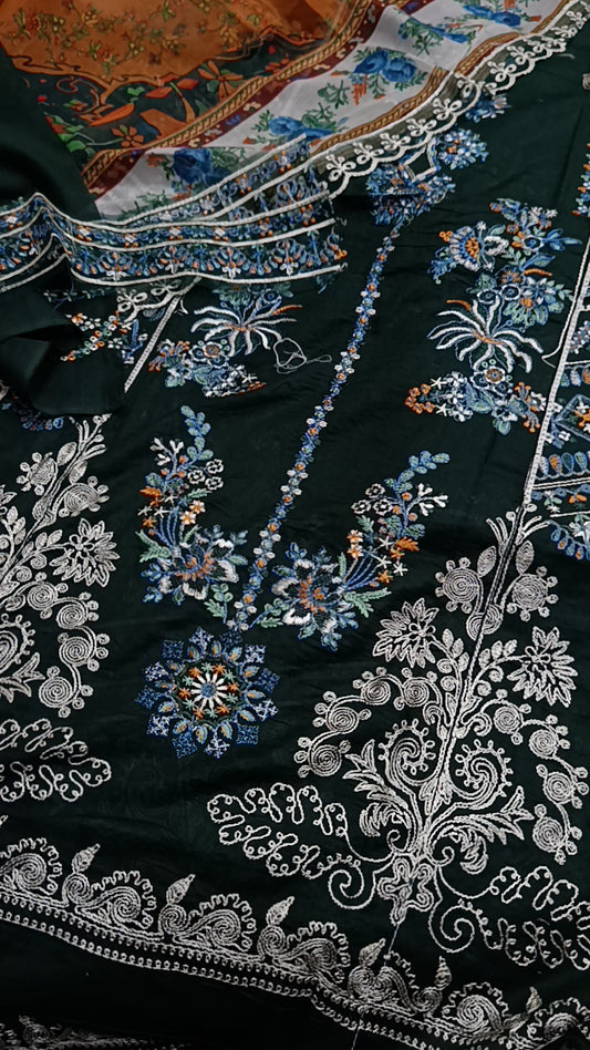 3pc Hussain rehar green Stella lawn