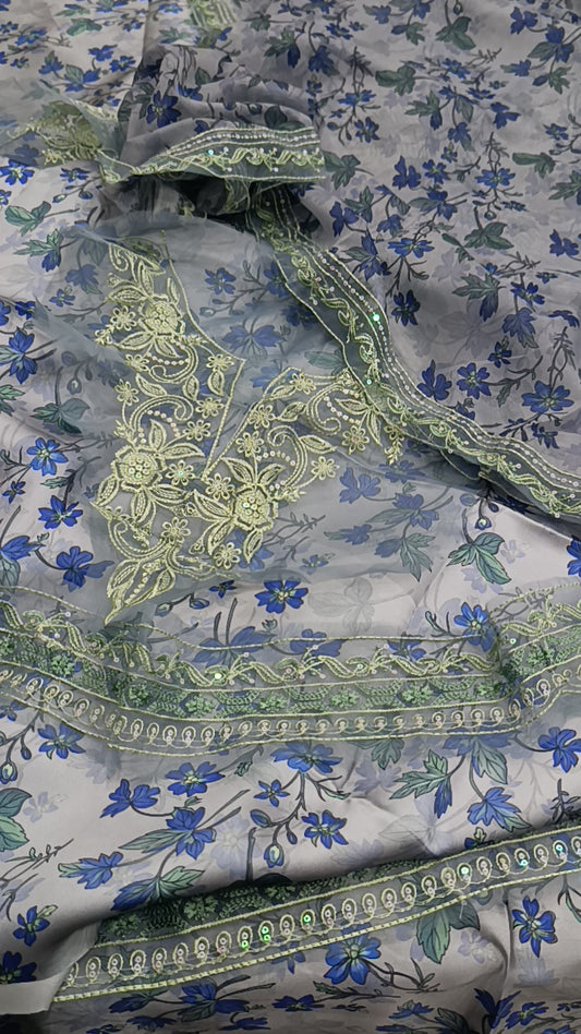 3pc Blue wild print silk