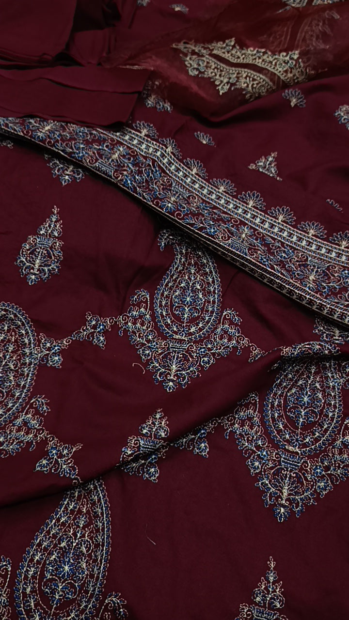3pc bareeze mehroon pan jaal