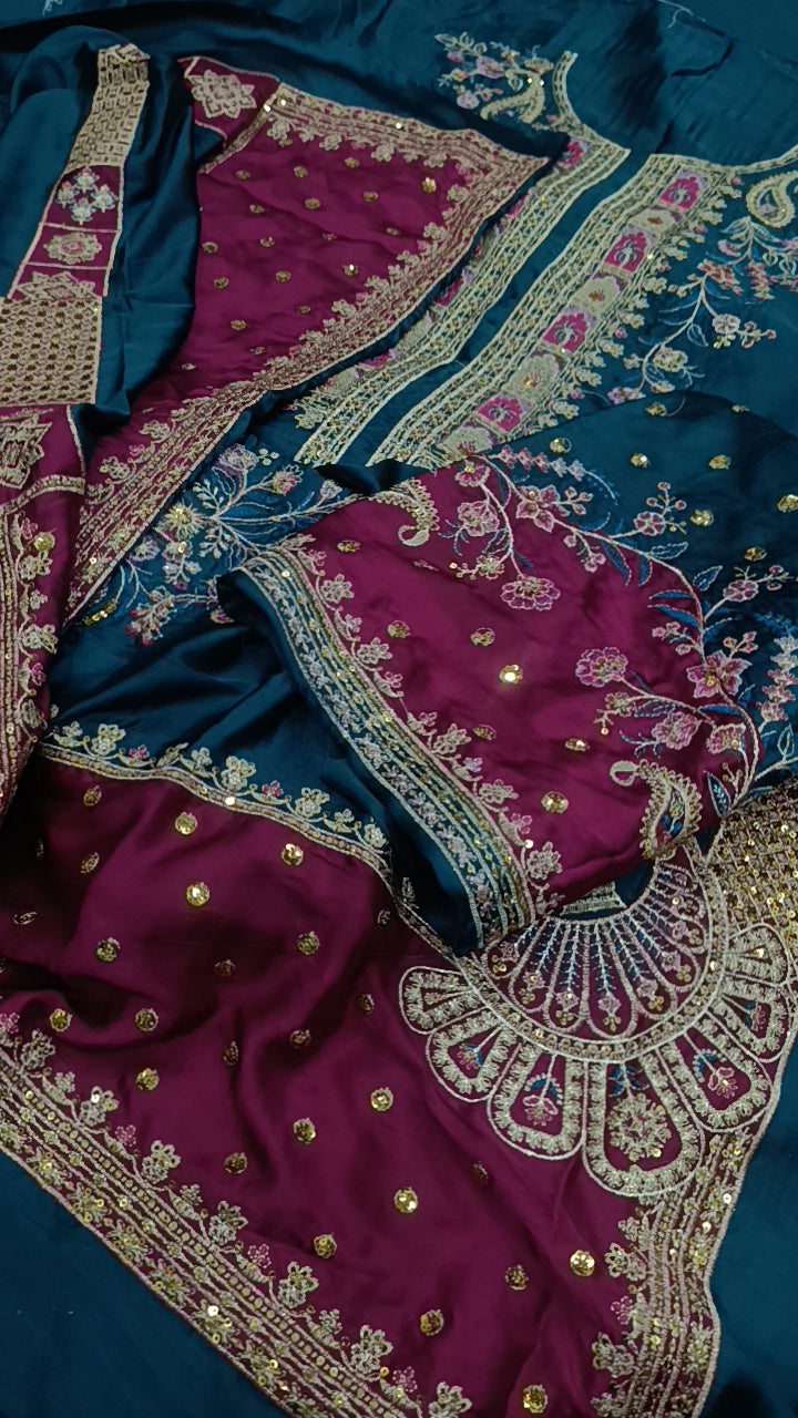 2pc  mehrbano teal plum silk
